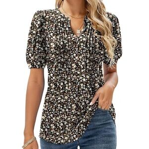 Women’s Floral V Neck Puff Short Sleeve Top Blouse
